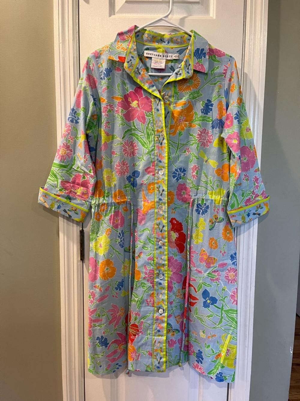 Gretchen Scott Hummingbird Heaven Cotton Shirt Dress - Dragonfly Floral Small